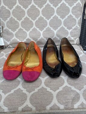 2 pairs of Prada Orange & Pink Suede Ballet &Black Patent Peep-Toe Flats size 38